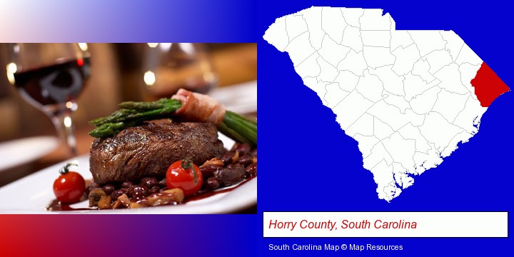 a steak dinner; Horry County, South Carolina highlighted in red on a map