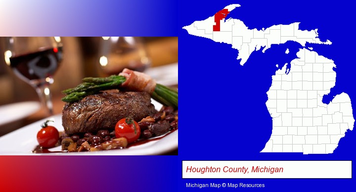 a steak dinner; Houghton County, Michigan highlighted in red on a map
