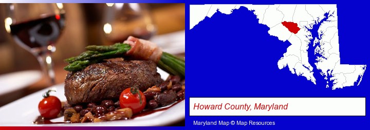 a steak dinner; Howard County, Maryland highlighted in red on a map