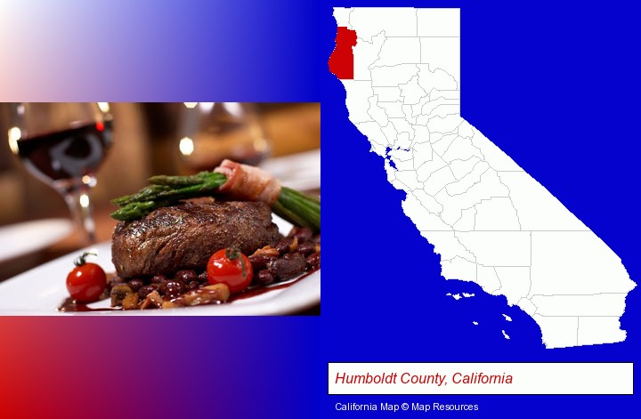 a steak dinner; Humboldt County, California highlighted in red on a map