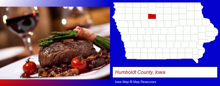 a steak dinner; Humboldt County, Iowa highlighted in red on a map