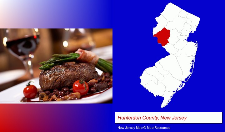 a steak dinner; Hunterdon County, New Jersey highlighted in red on a map