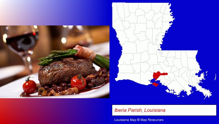 a steak dinner; Iberia Parish, Louisiana highlighted in red on a map