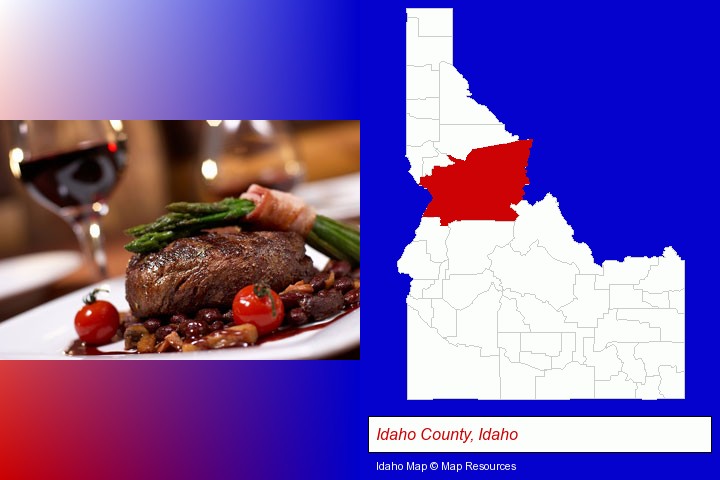 a steak dinner; Idaho County, Idaho highlighted in red on a map