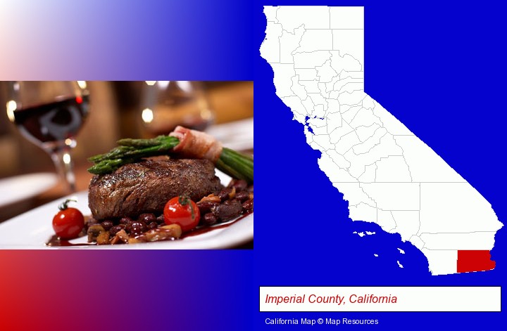a steak dinner; Imperial County, California highlighted in red on a map