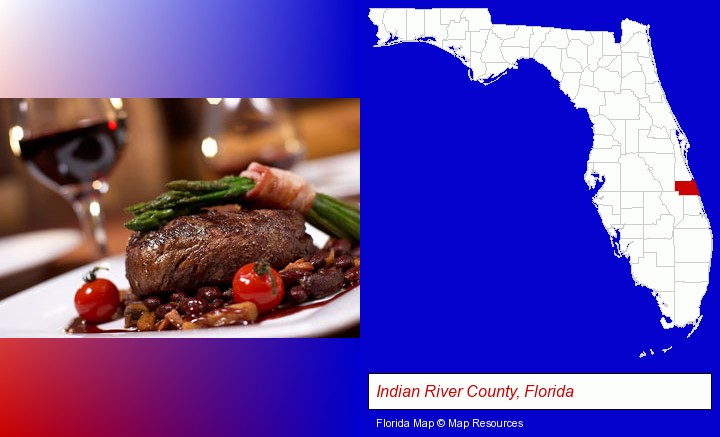 a steak dinner; Indian River County, Florida highlighted in red on a map