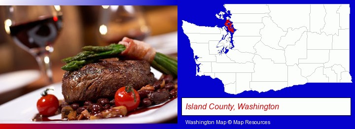 a steak dinner; Island County, Washington highlighted in red on a map