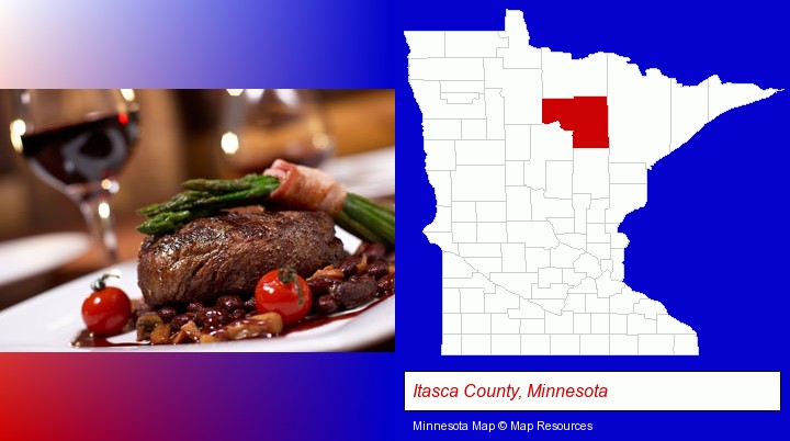 a steak dinner; Itasca County, Minnesota highlighted in red on a map