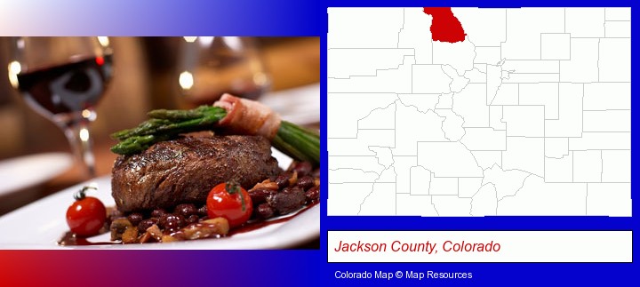 a steak dinner; Jackson County, Colorado highlighted in red on a map