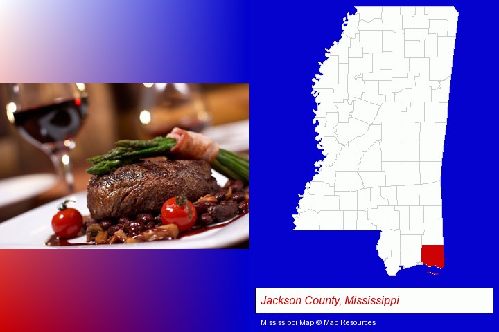 a steak dinner; Jackson County, Mississippi highlighted in red on a map