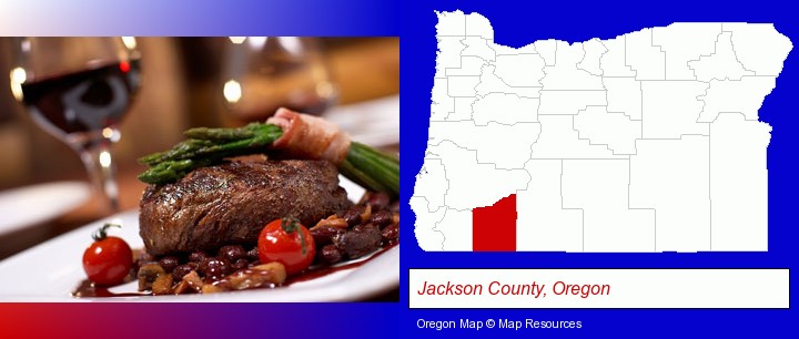 a steak dinner; Jackson County, Oregon highlighted in red on a map