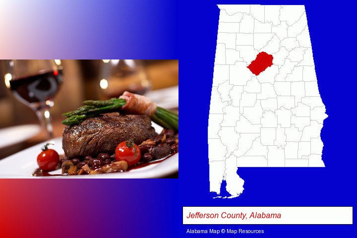 a steak dinner; Jefferson County, Alabama highlighted in red on a map