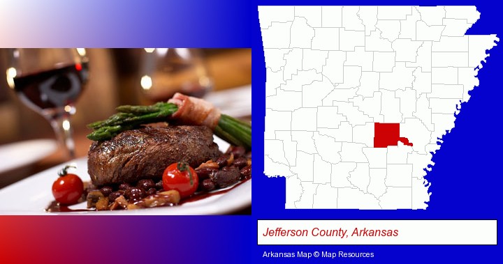 a steak dinner; Jefferson County, Arkansas highlighted in red on a map