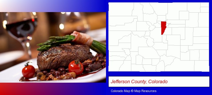 a steak dinner; Jefferson County, Colorado highlighted in red on a map