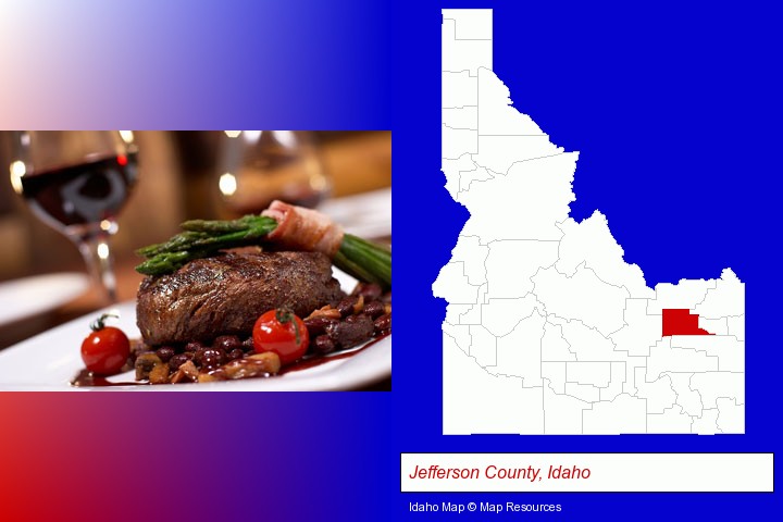 a steak dinner; Jefferson County, Idaho highlighted in red on a map