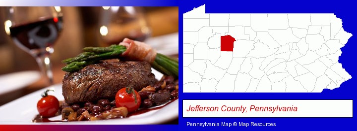 a steak dinner; Jefferson County, Pennsylvania highlighted in red on a map