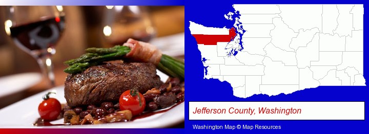 a steak dinner; Jefferson County, Washington highlighted in red on a map