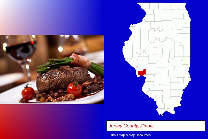 a steak dinner; Jersey County, Illinois highlighted in red on a map