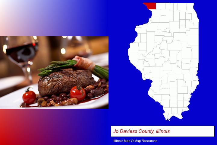 a steak dinner; Jo Daviess County, Illinois highlighted in red on a map