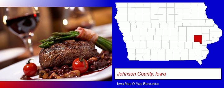 a steak dinner; Johnson County, Iowa highlighted in red on a map