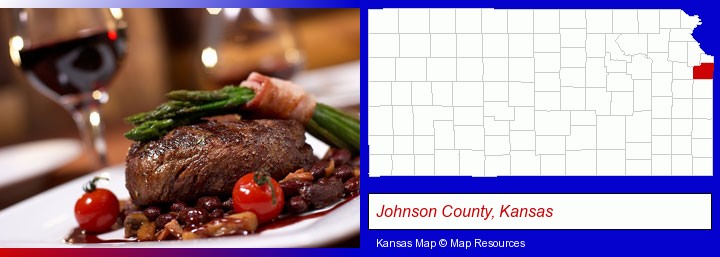 a steak dinner; Johnson County, Kansas highlighted in red on a map
