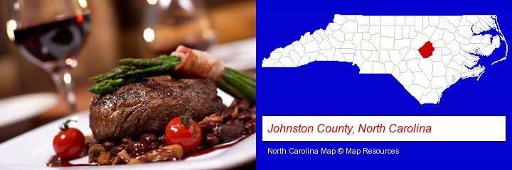 a steak dinner; Johnston County, North Carolina highlighted in red on a map
