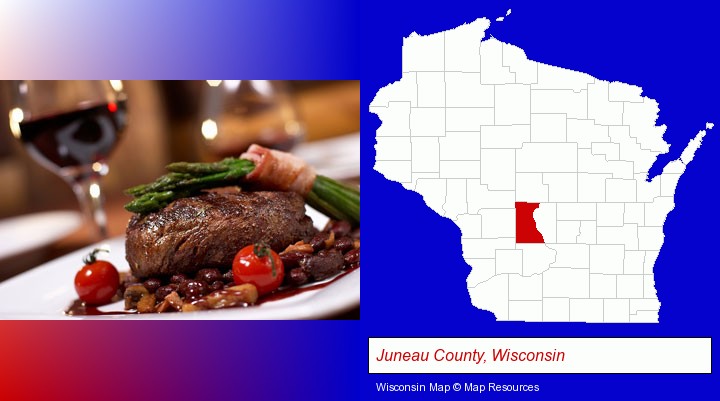 a steak dinner; Juneau County, Wisconsin highlighted in red on a map