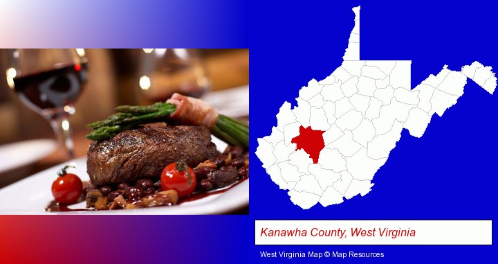 a steak dinner; Kanawha County, West Virginia highlighted in red on a map