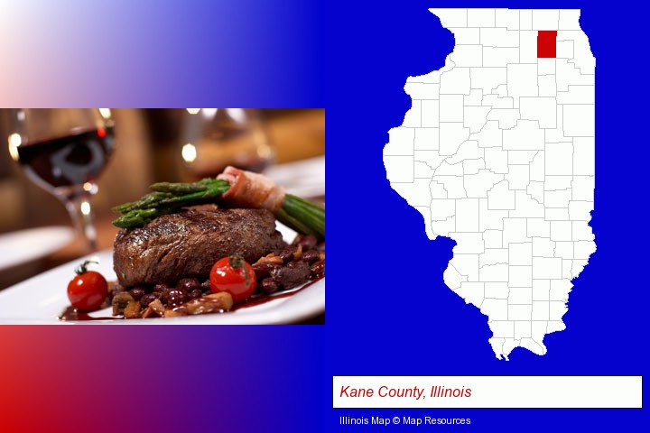 a steak dinner; Kane County, Illinois highlighted in red on a map