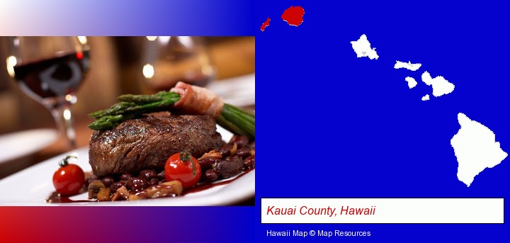 a steak dinner; Kauai County, Hawaii highlighted in red on a map
