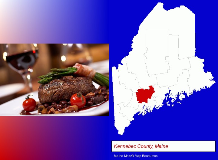 a steak dinner; Kennebec County, Maine highlighted in red on a map