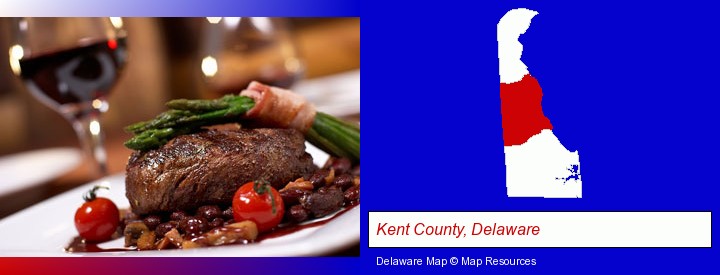 a steak dinner; Kent County, Delaware highlighted in red on a map