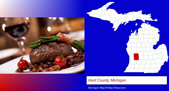a steak dinner; Kent County, Michigan highlighted in red on a map