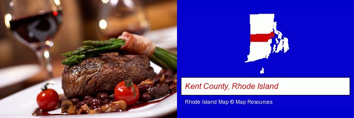 a steak dinner; Kent County, Rhode Island highlighted in red on a map
