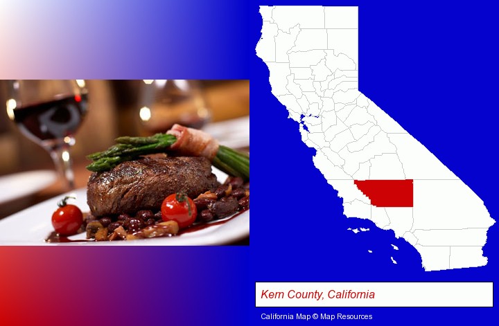 a steak dinner; Kern County, California highlighted in red on a map