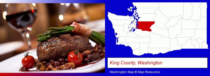 a steak dinner; King County, Washington highlighted in red on a map