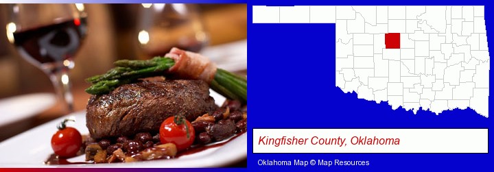 a steak dinner; Kingfisher County, Oklahoma highlighted in red on a map