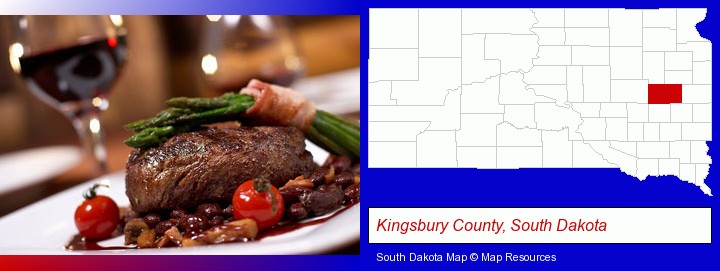 a steak dinner; Kingsbury County, South Dakota highlighted in red on a map