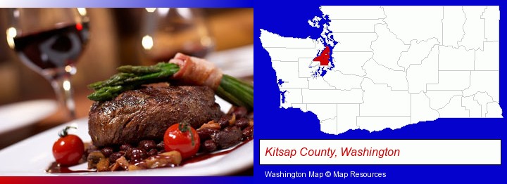 a steak dinner; Kitsap County, Washington highlighted in red on a map