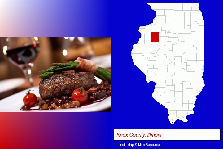 a steak dinner; Knox County, Illinois highlighted in red on a map