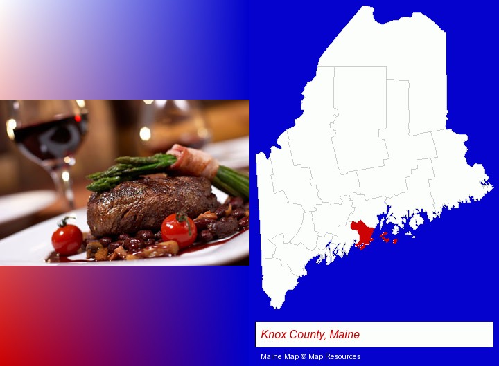 a steak dinner; Knox County, Maine highlighted in red on a map