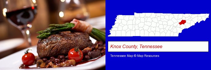a steak dinner; Knox County, Tennessee highlighted in red on a map
