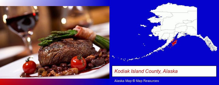 a steak dinner; Kodiak Island County, Alaska highlighted in red on a map