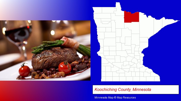 a steak dinner; Koochiching County, Minnesota highlighted in red on a map