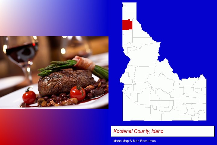 a steak dinner; Kootenai County, Idaho highlighted in red on a map