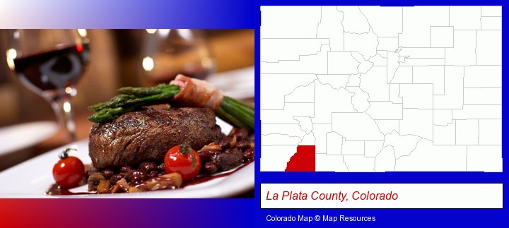 a steak dinner; La Plata County, Colorado highlighted in red on a map