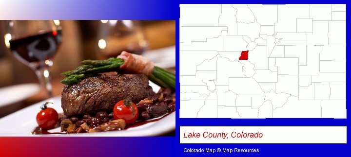 a steak dinner; Lake County, Colorado highlighted in red on a map