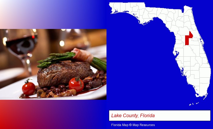 a steak dinner; Lake County, Florida highlighted in red on a map
