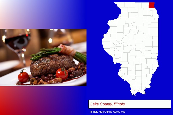 a steak dinner; Lake County, Illinois highlighted in red on a map