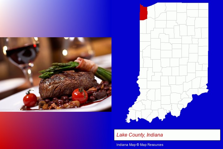 a steak dinner; Lake County, Indiana highlighted in red on a map
